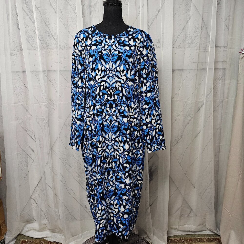 Maggy London Blue Black Abstract Floral Midi Shift Dress Size 12